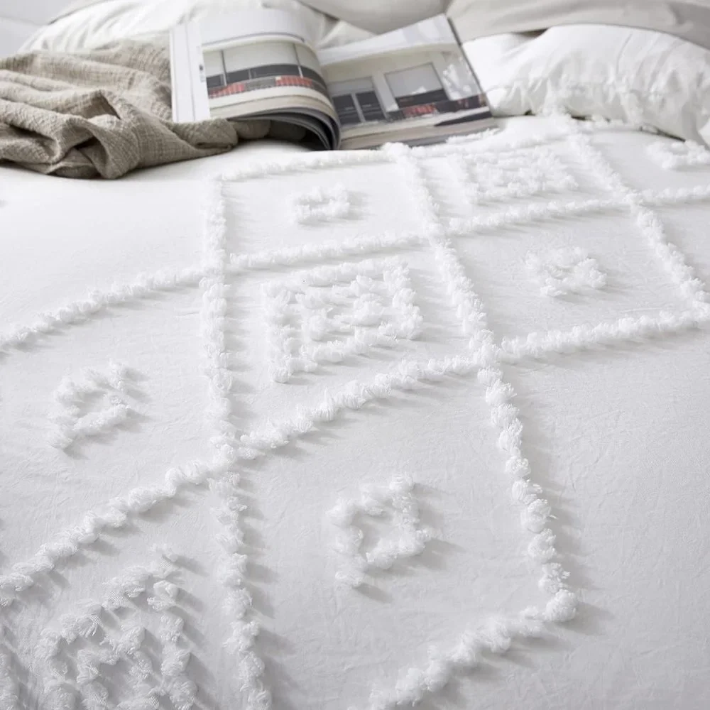 NEW Boho White Tufted Style Jungalow Bohemian Queen 3PC DUVET Cover Bedding SET